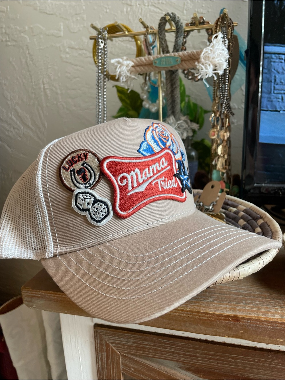 Embroidered 'Mama Tried' Beige Trucker Hat